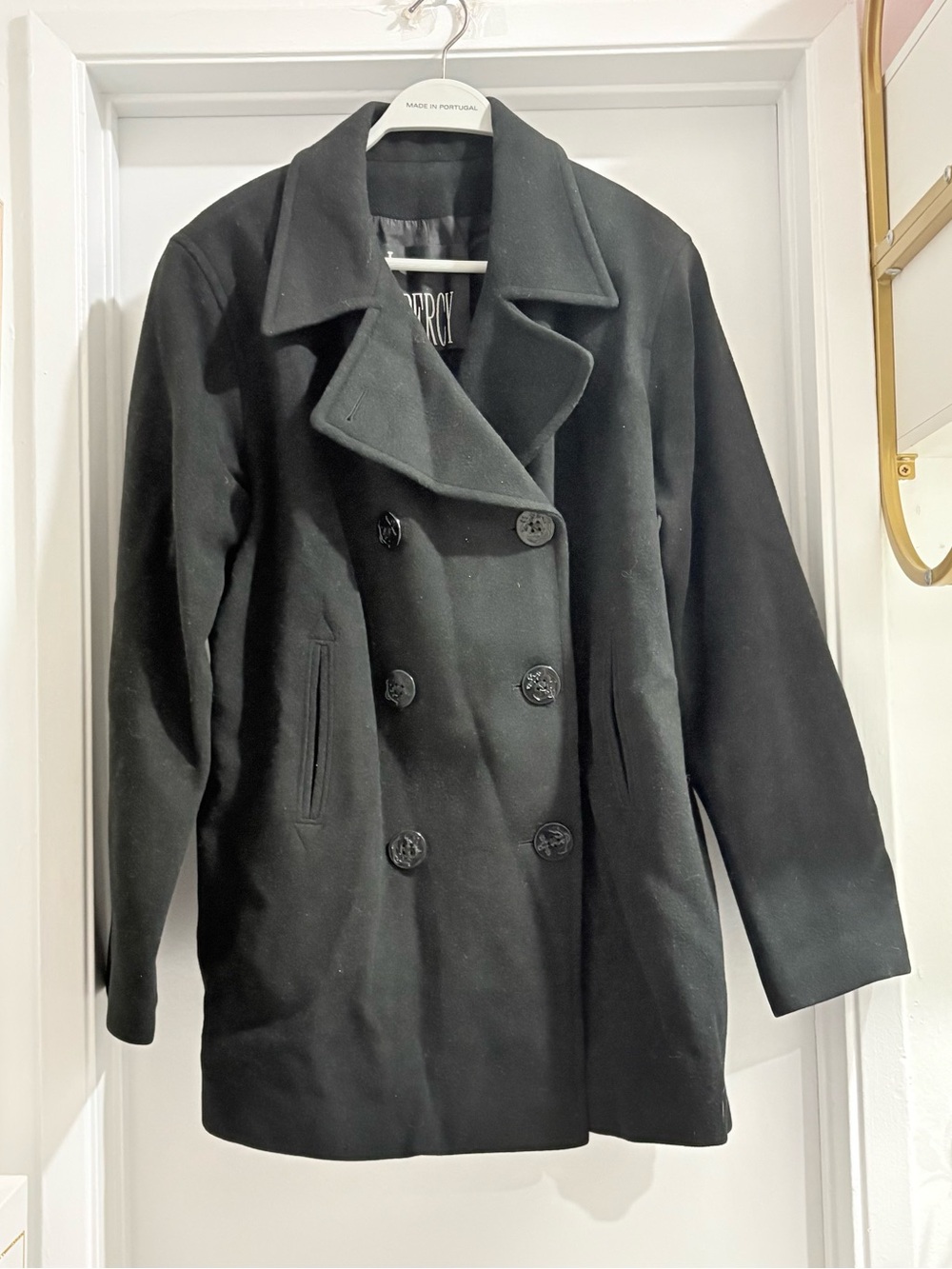 Classic Black Double-Breasted Pea Coat - Women's Tailored Outerwear - Picture 2 of 8
